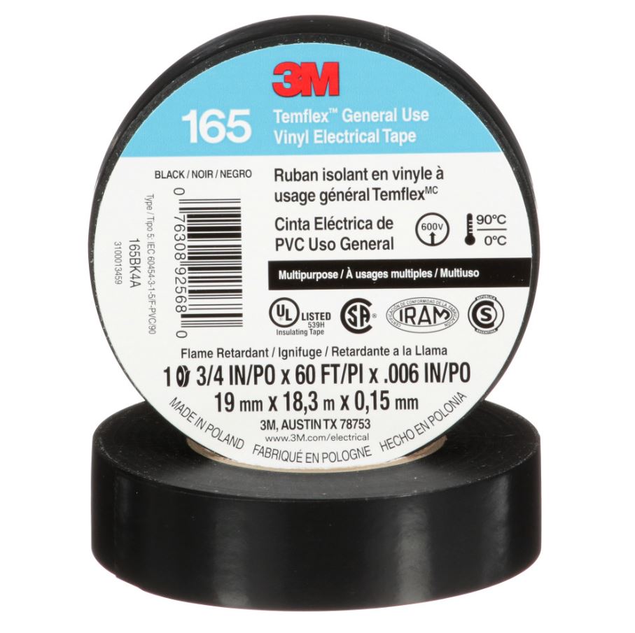 3M™ 165 Vinyl Electrical Tape, Black, 3/4 in x 60 ft