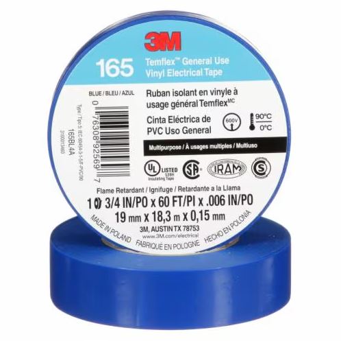 3M™ 165 Vinyl Electrical Tape, Blue, 3/4 in x 60 ft