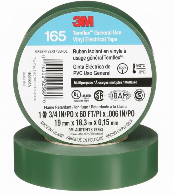 3M™ 165 Vinyl Electrical Tape, Green, 3/4 in x 60 ft
