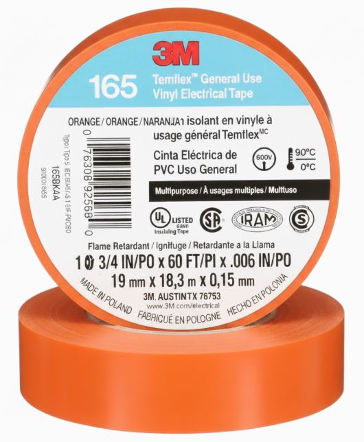 3M™ 165 Vinyl Electrical Tape, Orange, 3/4 in x 60 ft