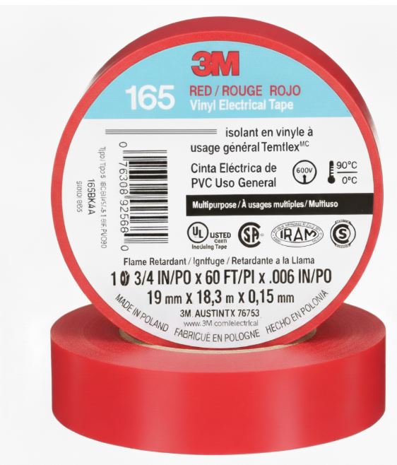 3M™ 165 Vinyl Electrical Tape, Red, 3/4 in x 60 ft