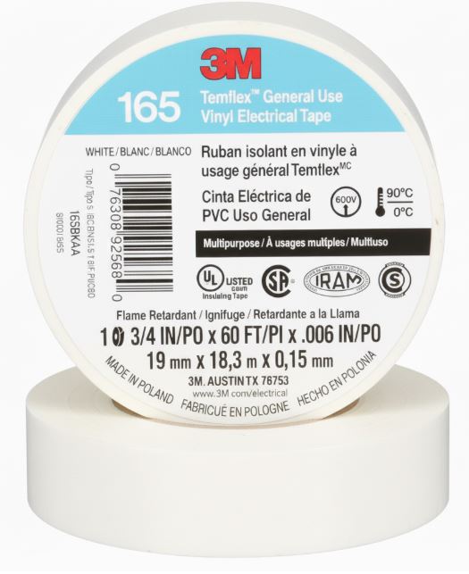 3M™ 165 Vinyl Electrical Tape, White, 3/4 in x 60 ft
