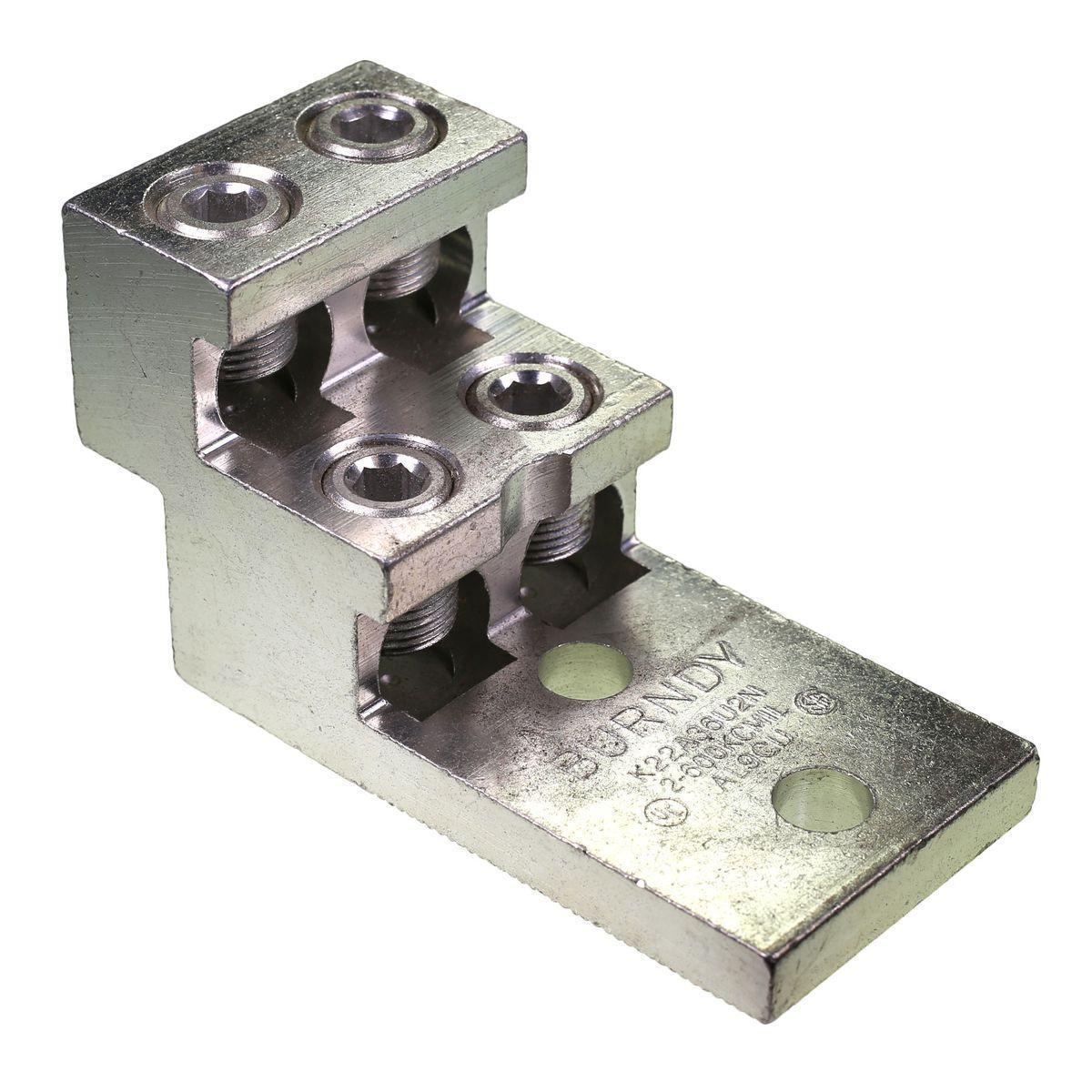 BURNDY® K22A36U2 K22A-U Dual Rated Universal Mechanical Bolted Lug and Terminal, 2 AWG to 600 kcmil Copper/Stranded Aluminum Conductor, 3/8 in Stud, 4 Bolt Holes, Aluminum