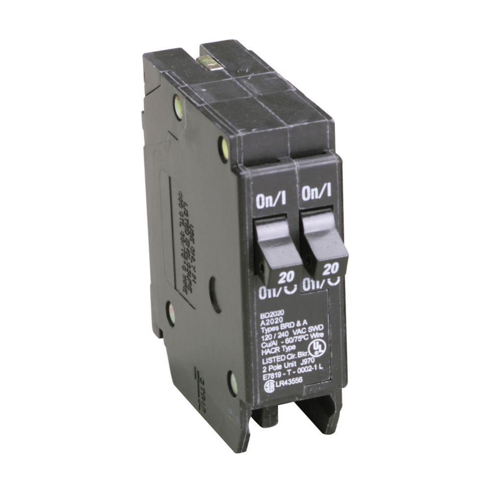 EATON BD2020 Type BD Duplex Circuit Breaker, 120 VAC, (2) 20 A, 10 kA Interrupt, 1 Pole, Thermal/Magnetic Trip