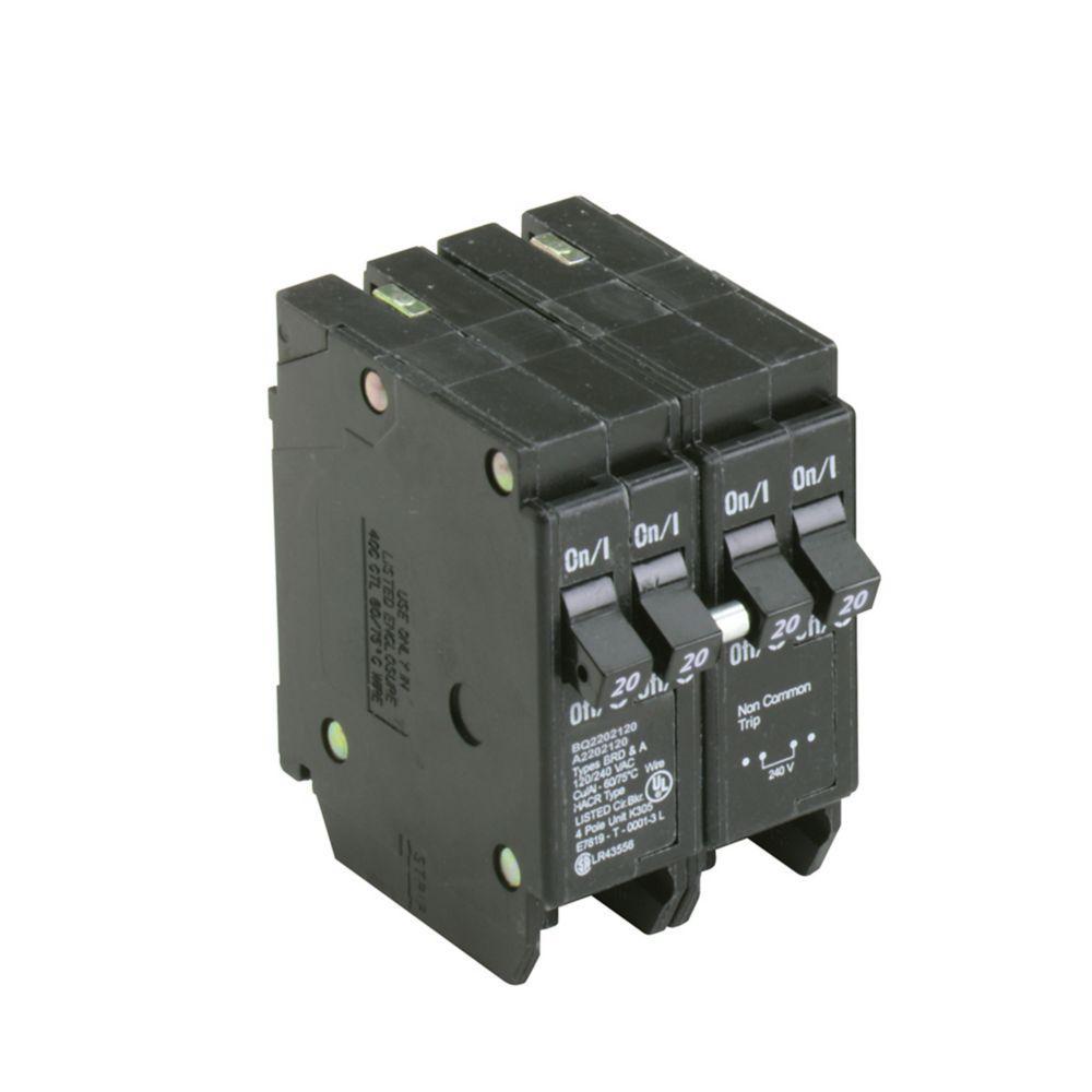 EATON BQ2202120 Quadplex Type BQ Molded Case Circuit Breaker, 120/240 VAC, 20 A, 10 kA Interrupt, 4 Poles, Independent/LI Trip