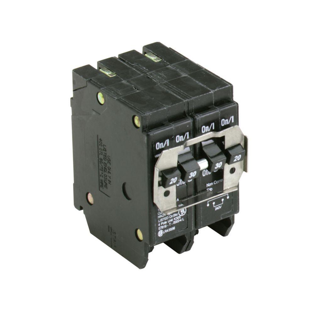 EATON BQ220230 Type BQ CTL Quadplex Circuit Breaker, 120/240 VAC, 20 to 30 A, 10 kA Interrupt, 4 Poles, Independent/Thermal Magnetic Trip