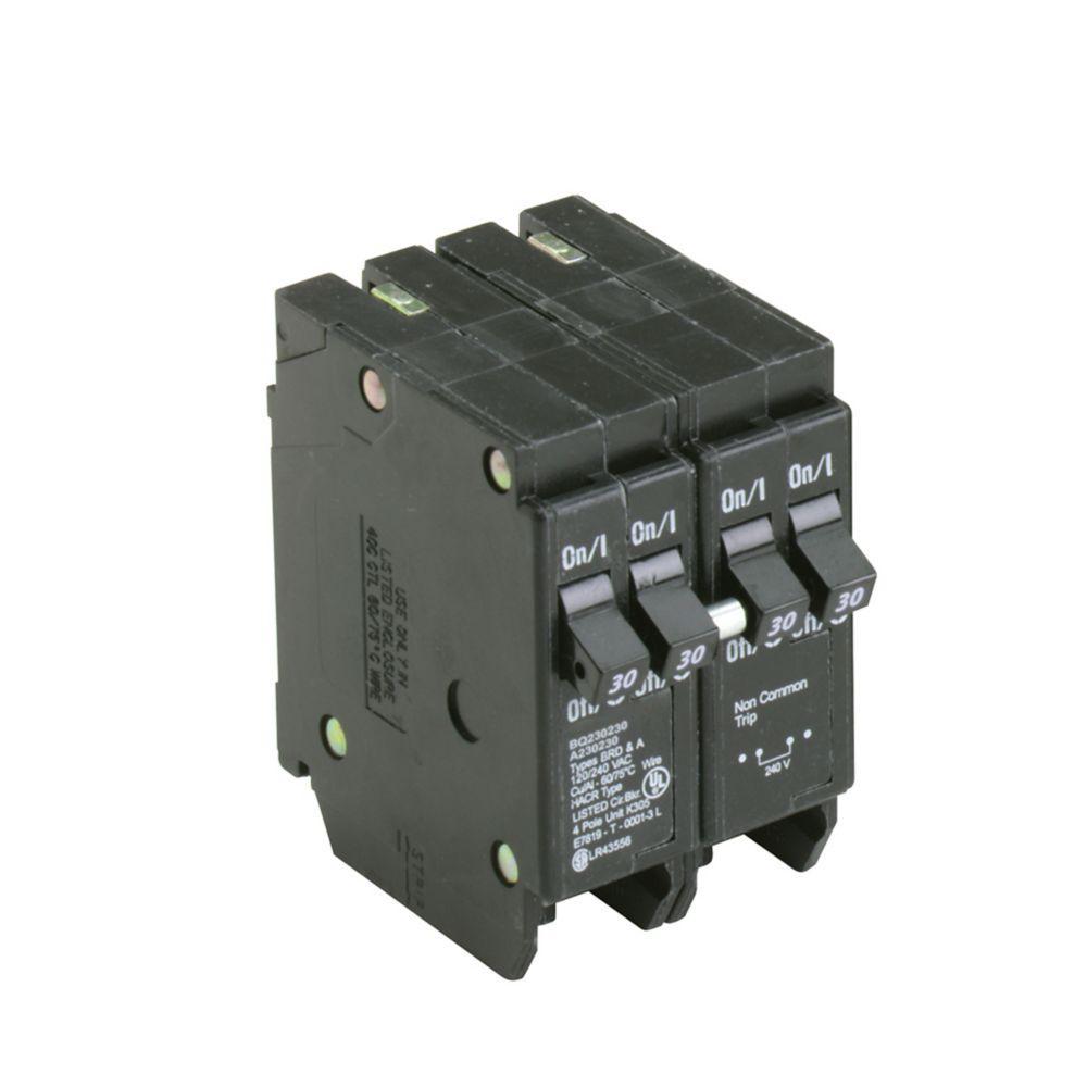 EATON BQ230230 Quadplex Type BQ Molded Case Circuit Breaker, 120/240 VAC, 30 A, 10 kA Interrupt, 4 Poles, Independent/LI Trip