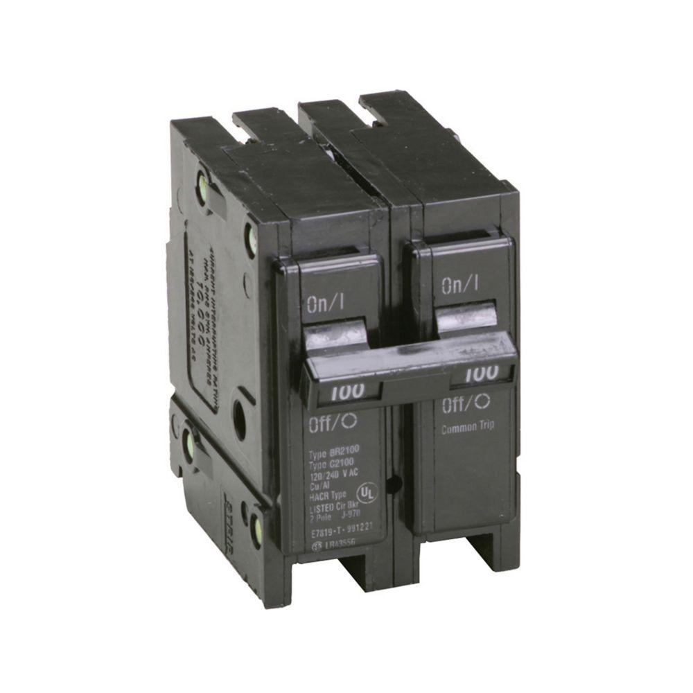 EATON BR2100 Type BR Circuit Breaker, 120/240 VAC, 100 A, 10 kA Interrupting Capacity, 2 Poles, Common/Thermal Magnetic Trip