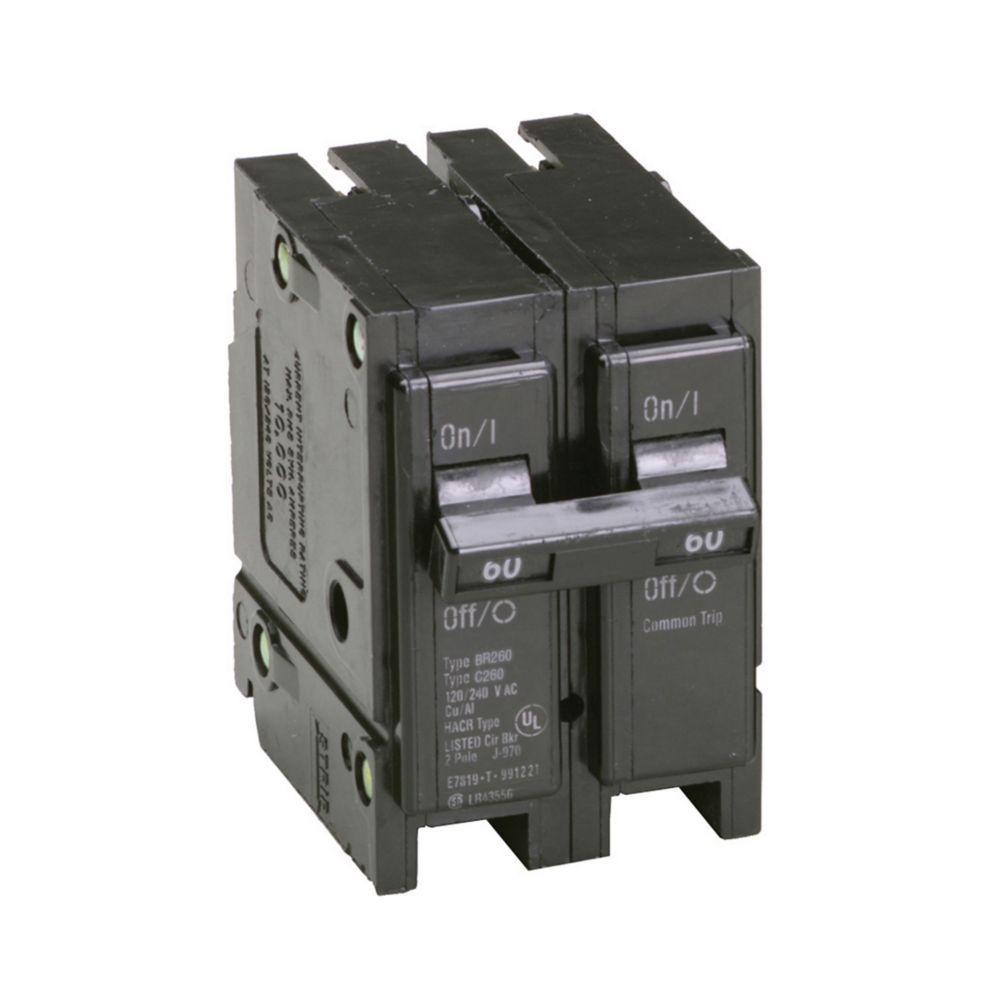 EATON BR260 Type BR Circuit Breaker, 120/240 VAC, 60 A, 10 kA Interrupt, 2 Poles, Common/Thermal Magnetic Trip