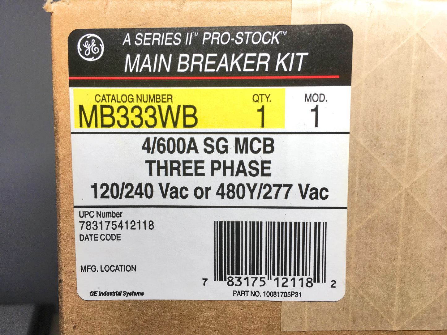GE Pro-Stock MB333WB A-Series II 3-Phase Main/Sub-Feed Main Breaker Kit, 208/120 VAC, 600 A, 25/65 kA Interrupt, 3 Poles