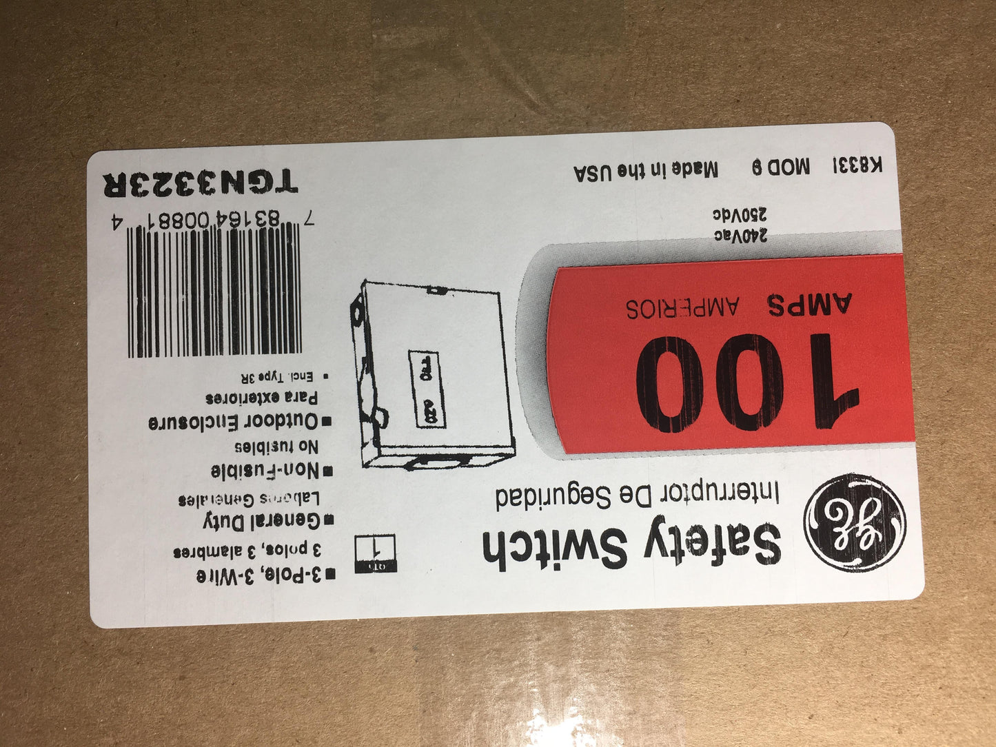 GE Spec-Setter TGN3323R General Duty Non-Fusible Safety Switch, 240 VAC, 100 A, 15 hp Standard Fuse/30 hp Time Delay, 3 Poles