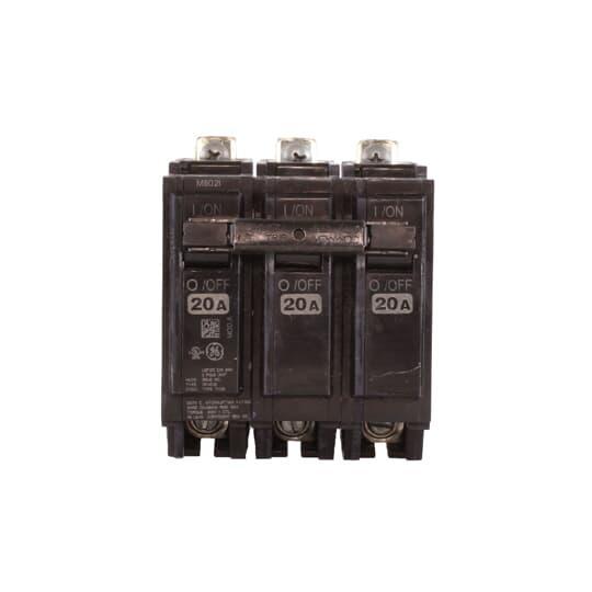 GE Q-Line® THQB32020 Miniature Circuit Breaker, 120/240 VAC, 20 A, 10 kA Interrupt, 3 Poles, LI/Non-Interchangeable Thermal Magnetic Trip