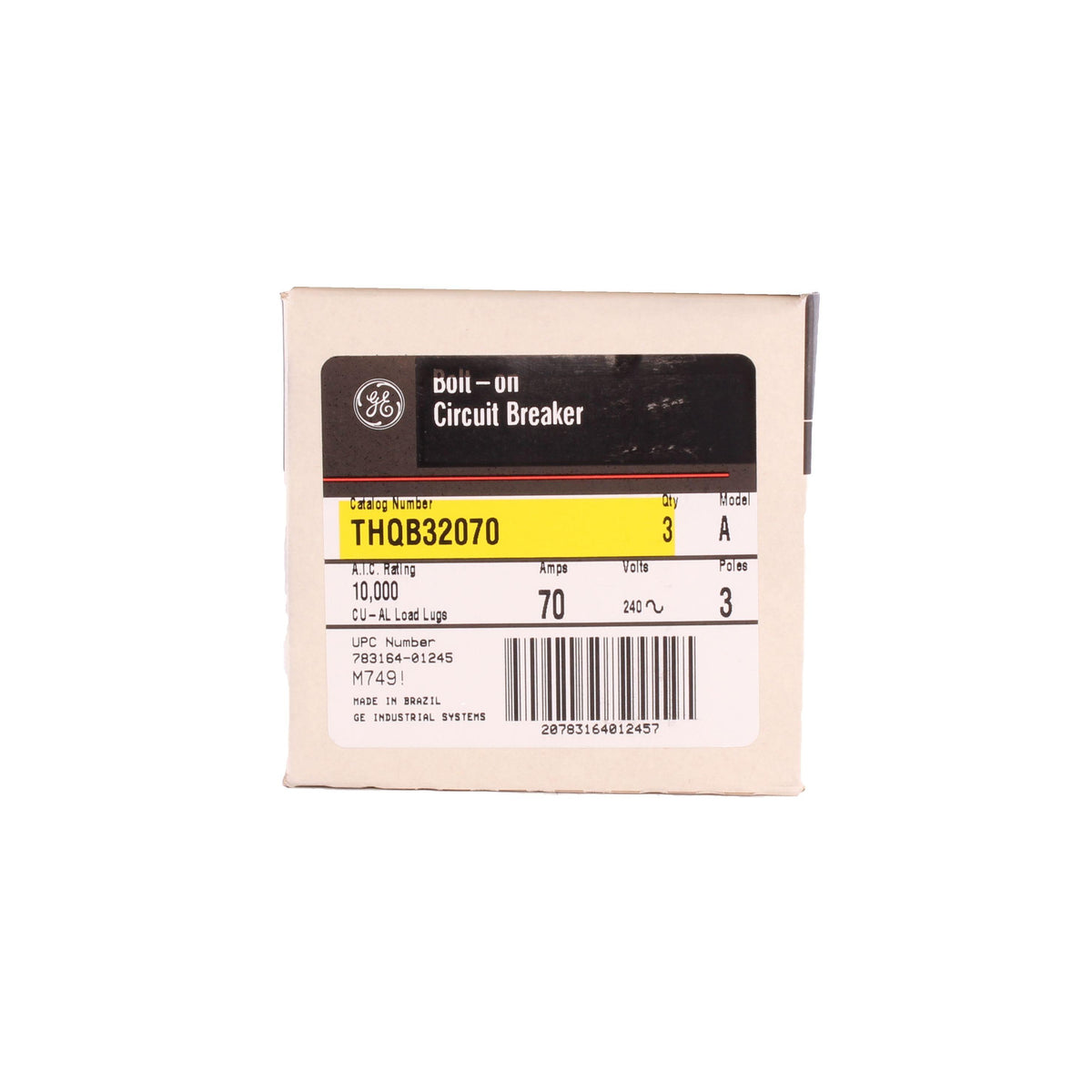 ABB THQB32070 Type THQB Molded Case Miniature Protector, 240 VAC, 70 A, 10 kA Interrupt, 3 Poles, Common/LI/Thermal Magnetic Trip