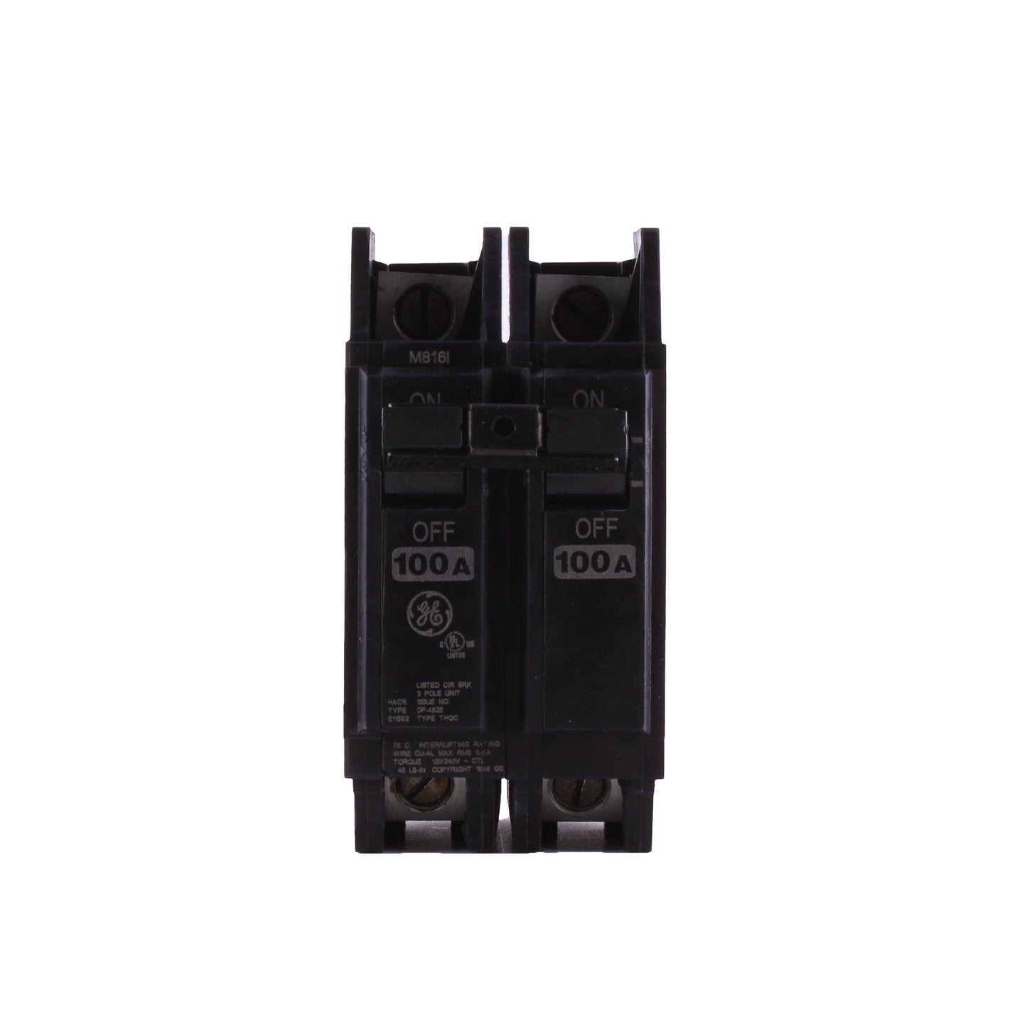 GE Q-Line® THQC21100WL Type THQC Compact Molded Case Circuit Breaker With Copper/Aluminum Line and Load Lug, 120/240 VAC, 100 A, 10 kA Interrupt, 2 Poles, Non-Interchangeable Thermal Magnetic/LI Trip