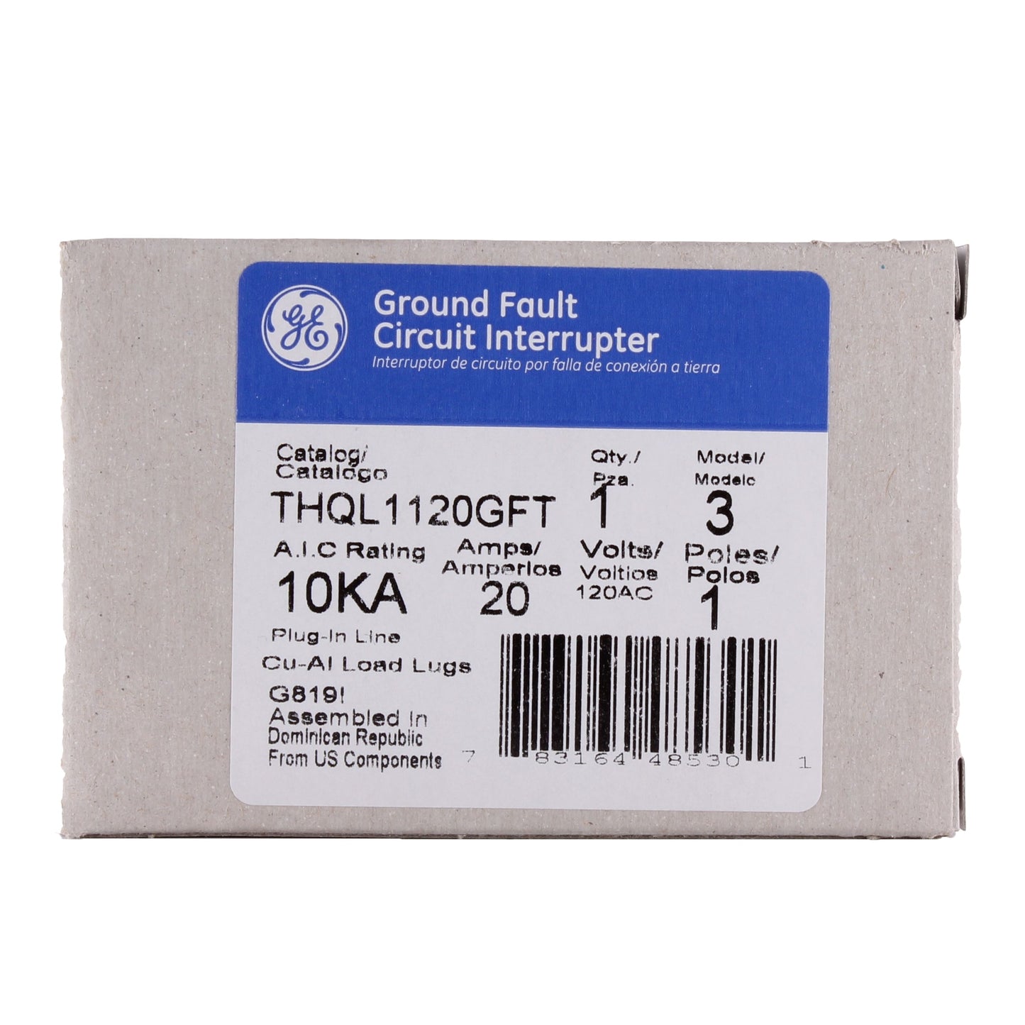 GE Q-Line® THQL1120GFT Type THQL Model 3 Self-Test Ground Fault Circuit Breaker, 120 VAC, 20 A, 10 kA Interrupt, 1 Pole, Non-Interchangeable/LIG Trip