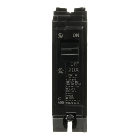 GE Q-Line® THQL1120 Type THQL Molded Case Circuit Breaker, 120/240 VAC, 20 A, 10 kA Interrupt, 1 Pole, LI/Non-Interchangeable Thermal Magnetic Trip