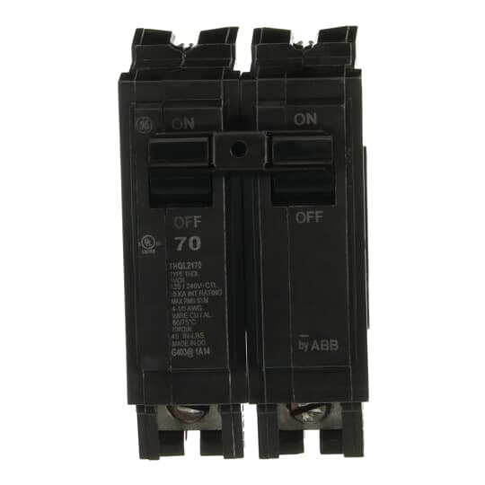 GE Q-Line® THQL2170 Type THQL Compact Molded Case Circuit Breaker, 120/240 VAC, 70 A, 10 kA Interrupt, 2 Poles, Non-Interchangeable Thermal Magnetic/LI Trip
