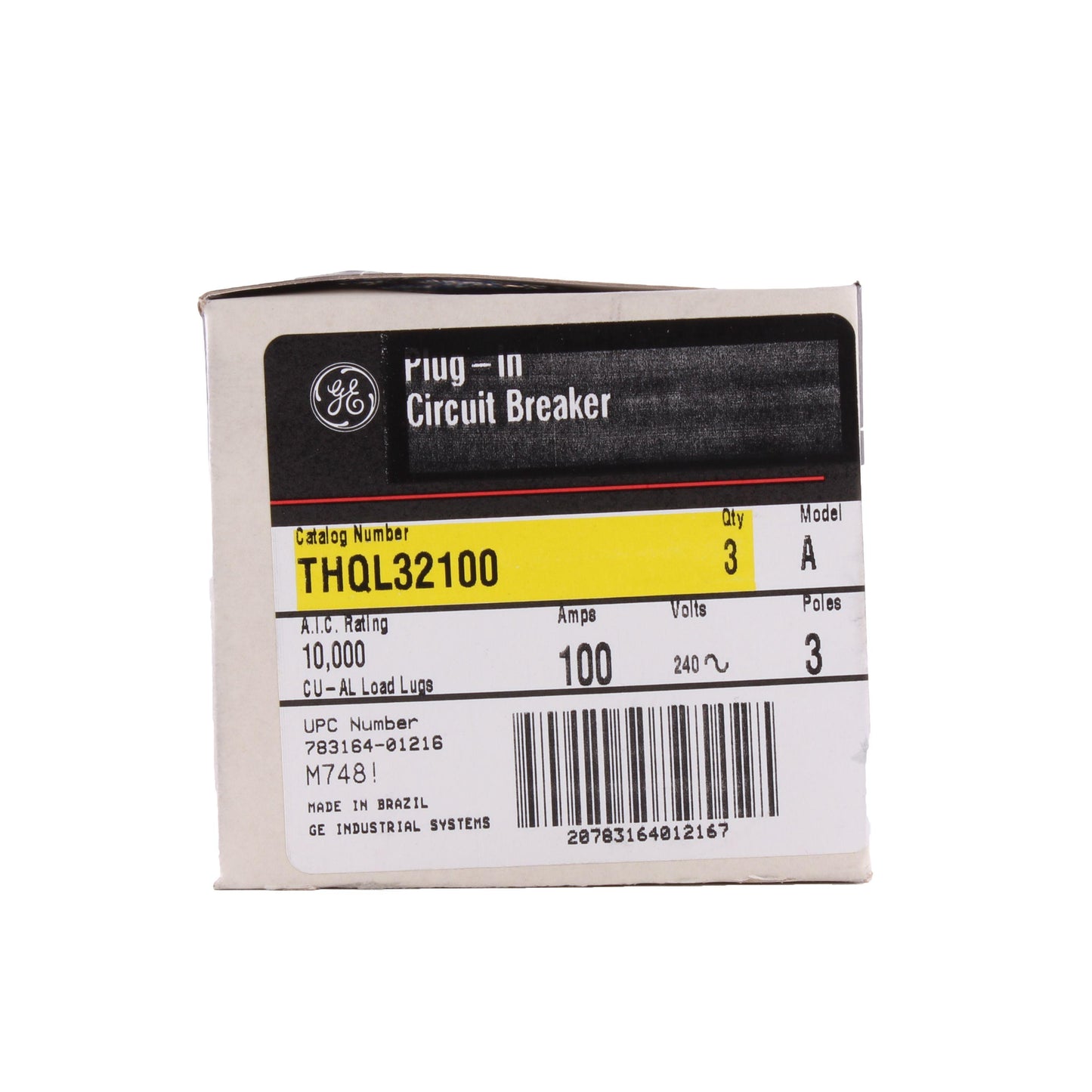 GE Q-Line® THQL32100 Molded Case Circuit Breaker, 120/240 VAC, 100 A, 10 kA Interrupt, 3 Poles, LI/Non-Interchangeable Thermal Magnetic Trip