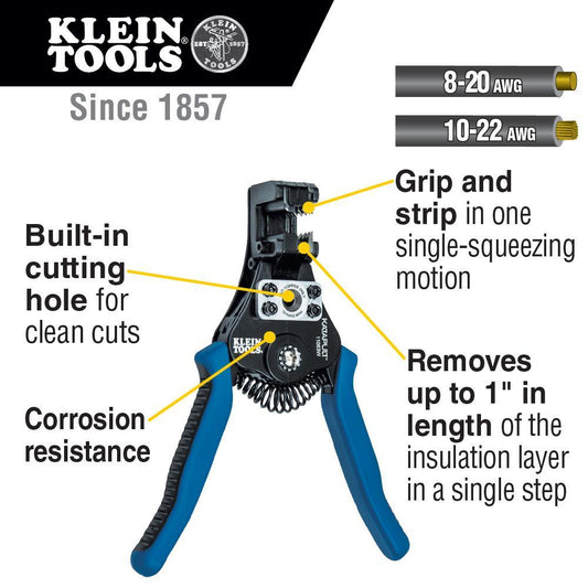 Klein® 11063W Wire Stripper/Cutter, 20 to 8 AWG Solid/Stranded Cable, 6.594 in OAL, Cast Alloy Body