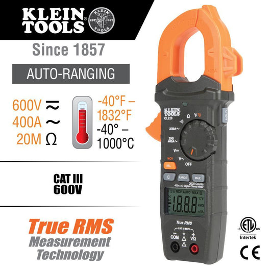 Klein® CL220 Auto-Ranging Digital Clamp Meter With Temperature Measure, 600 VAC/VDC, 400 A AC, 20 Mohm, 1.61 in Jaw, Backlit LCD Display