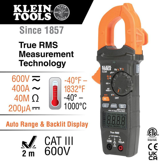 Klein® CL320 HVAC Digital Clamp Meter, 600 VAC/VDC, 400 A AC, 40 Mohm, 10 Hz to 1 MHz, 1.61 in Jaw, Backlit LCD Display