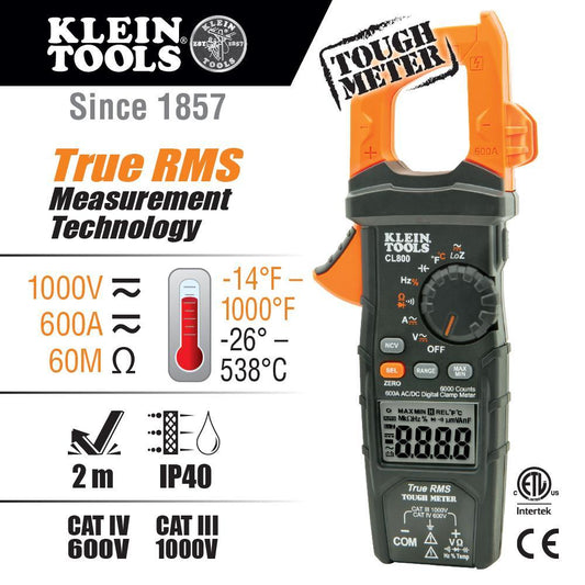 Klein® CL800 AC Auto-Ranging Low Impedance Mode Auto Off Digital Clamp Meter, 1000 VAC/VDC, 600 A, 60 MOhm, 50 to 400 Hz, 1-3/8 in Jaw, LCD Display