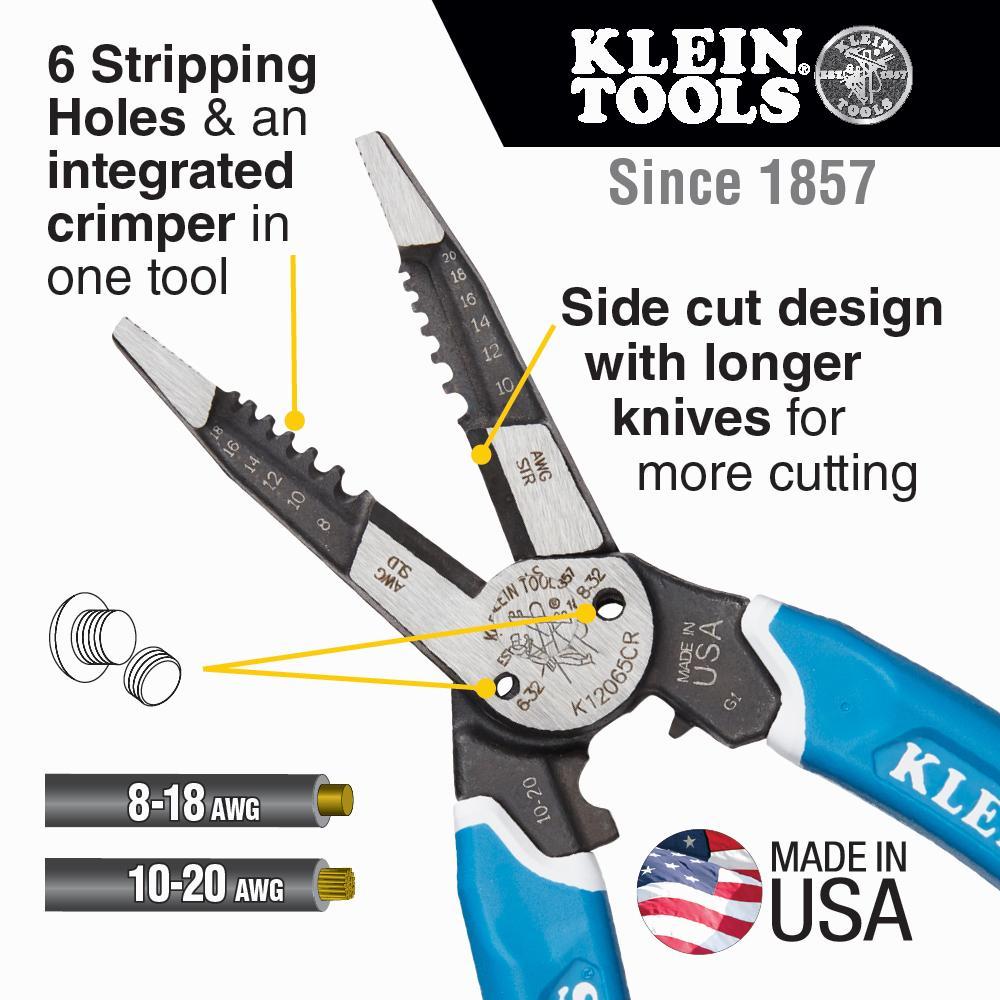 Klein® Klein-Kurve K12065CR Heavy Duty Wire Stripper/Cutter/Crimper Multi-Tool With (6) Stripping Holes, 18 to 8 AWG, 20 to 10 AWG, 8.3 in OAL, 32 to 6 AWG, 32 to 8 AWG Shearing, Forged Steel Body