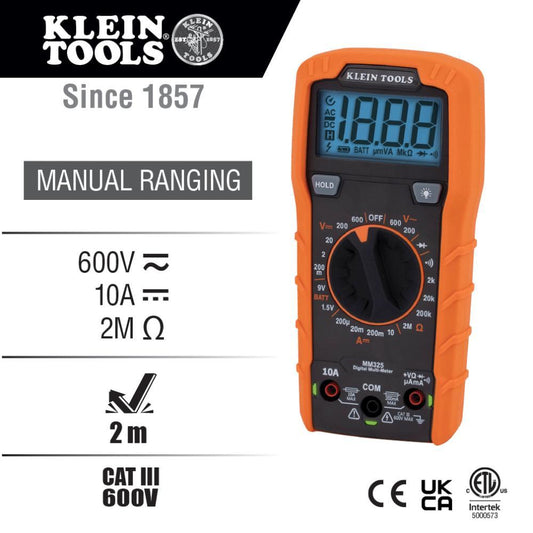 Klein® MM325 Manual-Ranging Multimeter, 600 VAC/VDC, 10 A, 2 mOhm, LCD Display