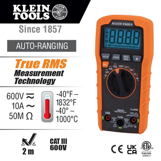 Klein® MM420 Auto-Ranging Multimeter, 600 VAC/VDC, 10 A, 50 mOhm, LCD Display