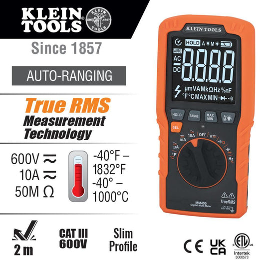 Klein® MM450 Auto-Ranging Multimeter, 600 VAC/VDC, 10 A, 50 mOhm, LCD Display