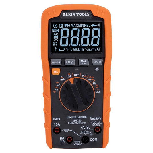 Klein® MM720 Auto-Ranging Multimeter, 1000 VAC/VDC, 10 A, 60 mOhm, LCD Display