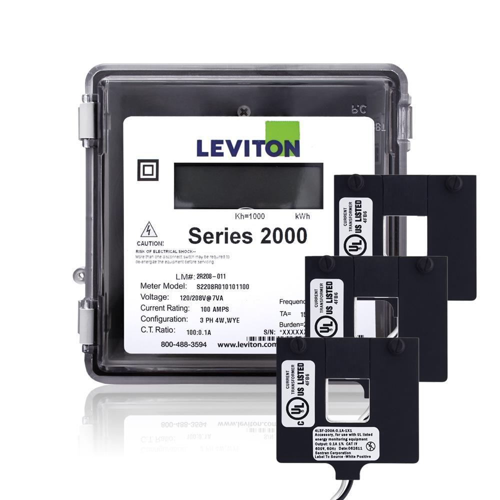 Leviton® VerifEye 2O208-2W 2000 3-Phase 4-Wire Surface Mount Split Meter Kit, 120/208 VAC, 200 A, LCD Display, Isolated Pulse Output Communication