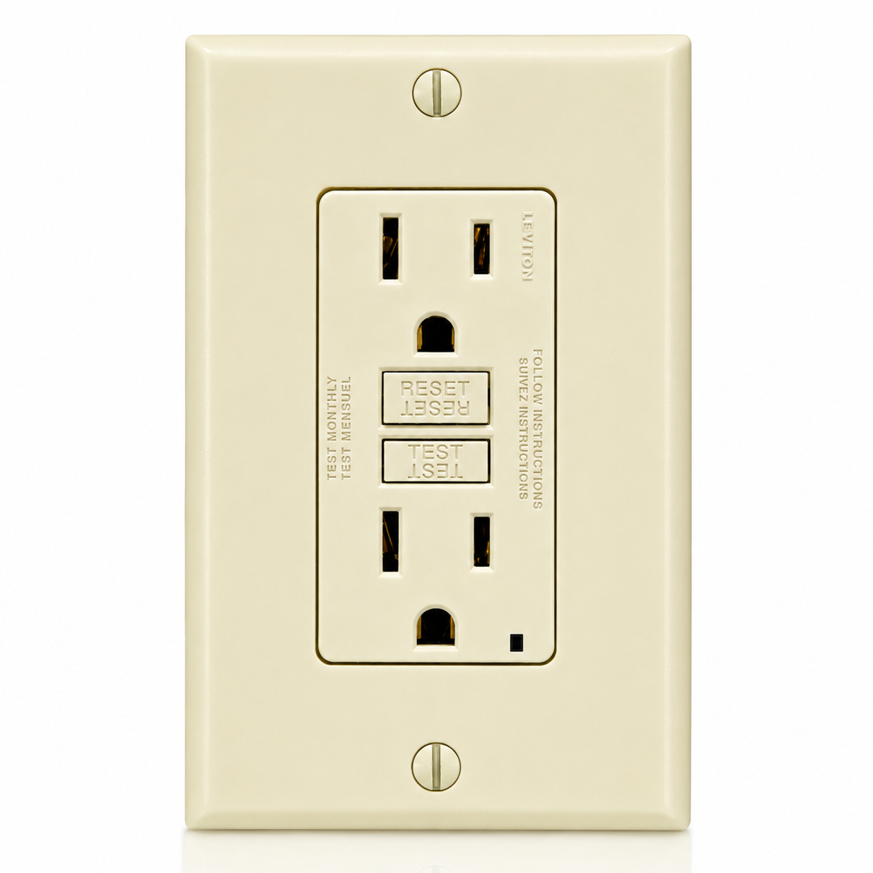 Leviton® SmartlockPro® Slim® GFNT1-I Duplex Monochromatic Non-Tamper Resistant Self-Test GFCI Receptacle With Wallplate, LED Indicator, 125 VAC, 15 A, 2 Poles, 3 Wires, Ivory