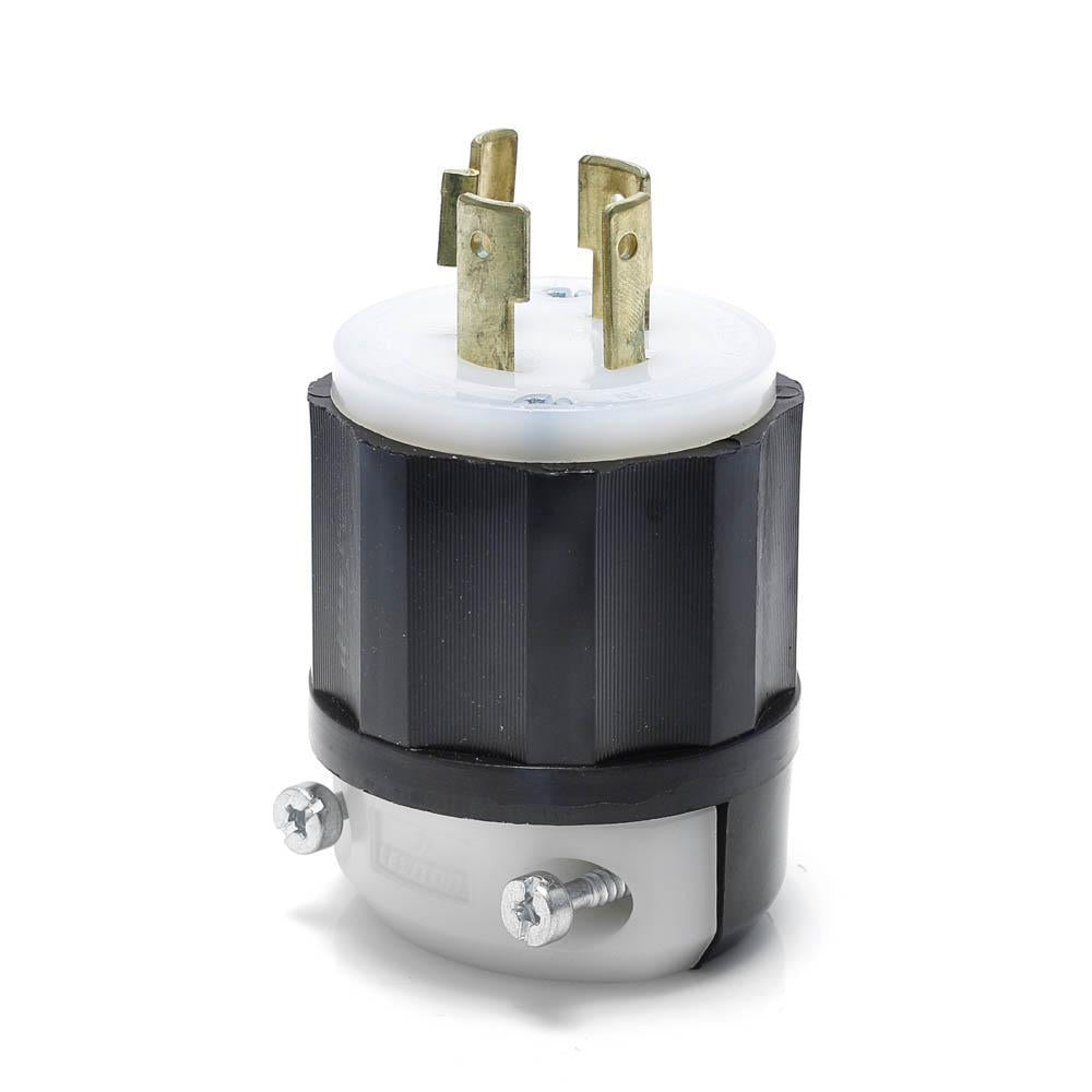 Leviton® 2411 3-Phase Grounding Cable Mount Locking Plug, 125/250 VAC, 20 A, 3 Poles, 4 Wires, Black/White