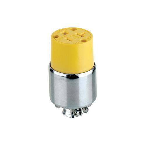 Leviton® 520CA Cable Mount Armored Grounding Straight Blade Connector, 125 VAC, 20 A, 2 Poles, 3 Wires, Yellow