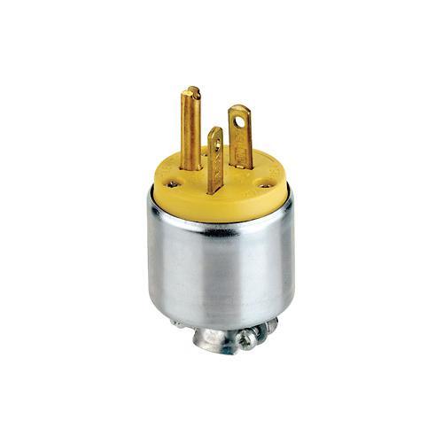 Leviton® 520PA Armored Cable Mount Grounding Straight Blade Plug, 125 VAC, 20 A, 2 Poles, 3 Wires, Yellow