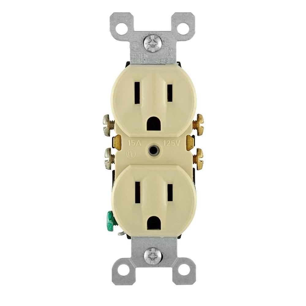 Leviton® 5320-ICP Duplex Grounding Straight Blade Receptacle, 125 VAC, 15 A, 2-Pole, 3-Wire, Ivory