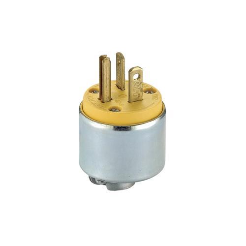 Leviton® 620PA Armored Cable Mount Grounding Straight Blade Plug, 250 VAC, 20 A, 2-Pole, 3-Wire, Yellow