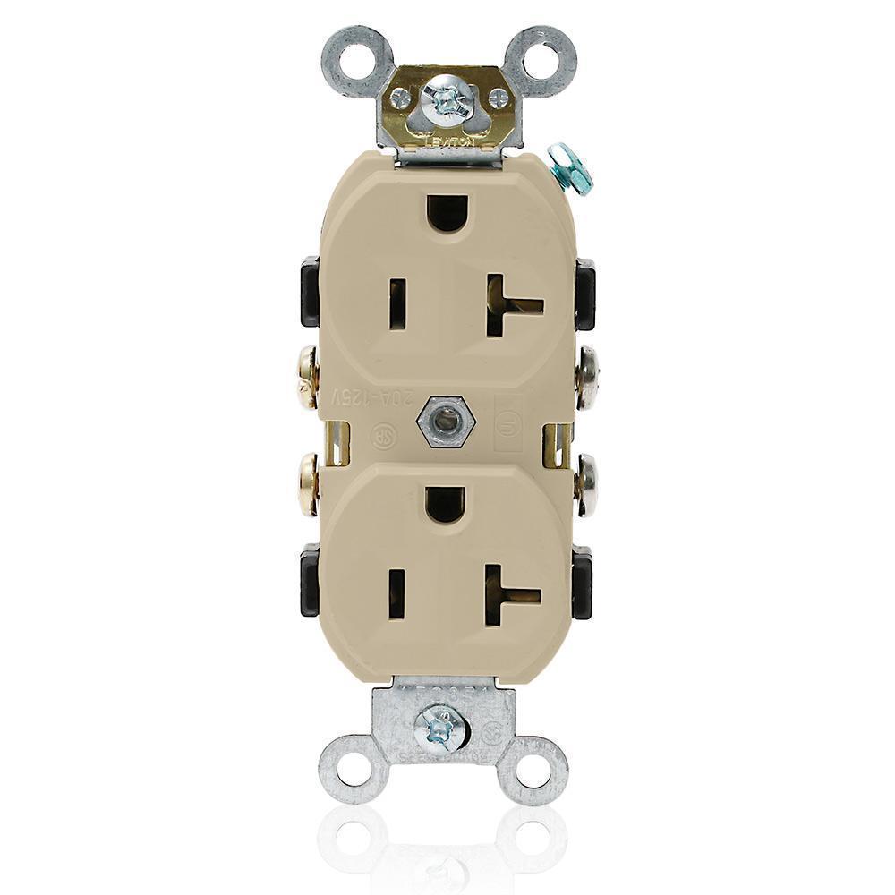Leviton® CR20-I 1-Phase Duplex Indented Face Straight Blade Receptacle, 125 VAC, 20 A, 2 Poles, 3 Wires, Ivory