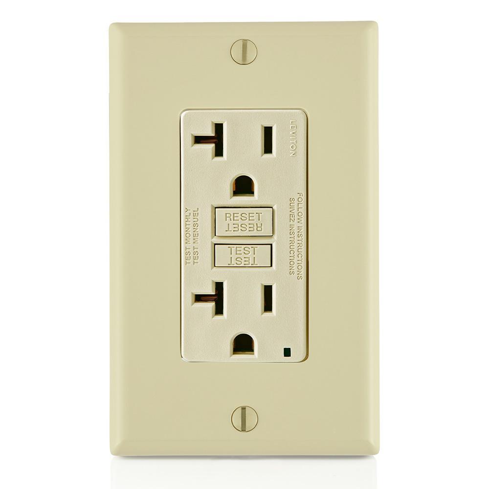 Leviton® SmartlockPro® Slim® GFNT2-I Feed Through Monochromatic Non-Tamper Resistant Self-Test Standard Duplex GFCI Receptacle With LED Indicator, 125 VAC, 20 A, 2 Poles, 3 Wires, Ivory