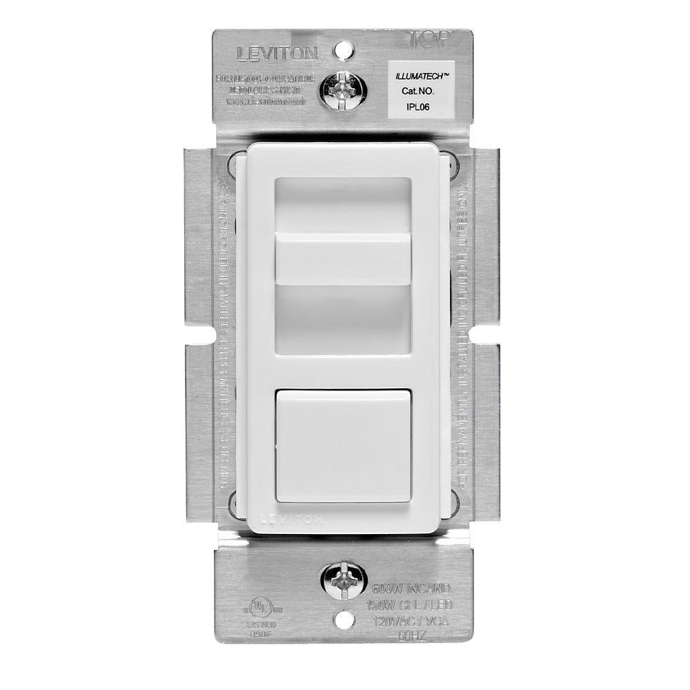 Leviton® Decora® IPL06-10Z 3-Way Dimmable Electro-Mechanical Universal Dimmer Switch, 120 VAC, 1-Pole, Standard On/Off Operation, Ivory/Light Almond/White
