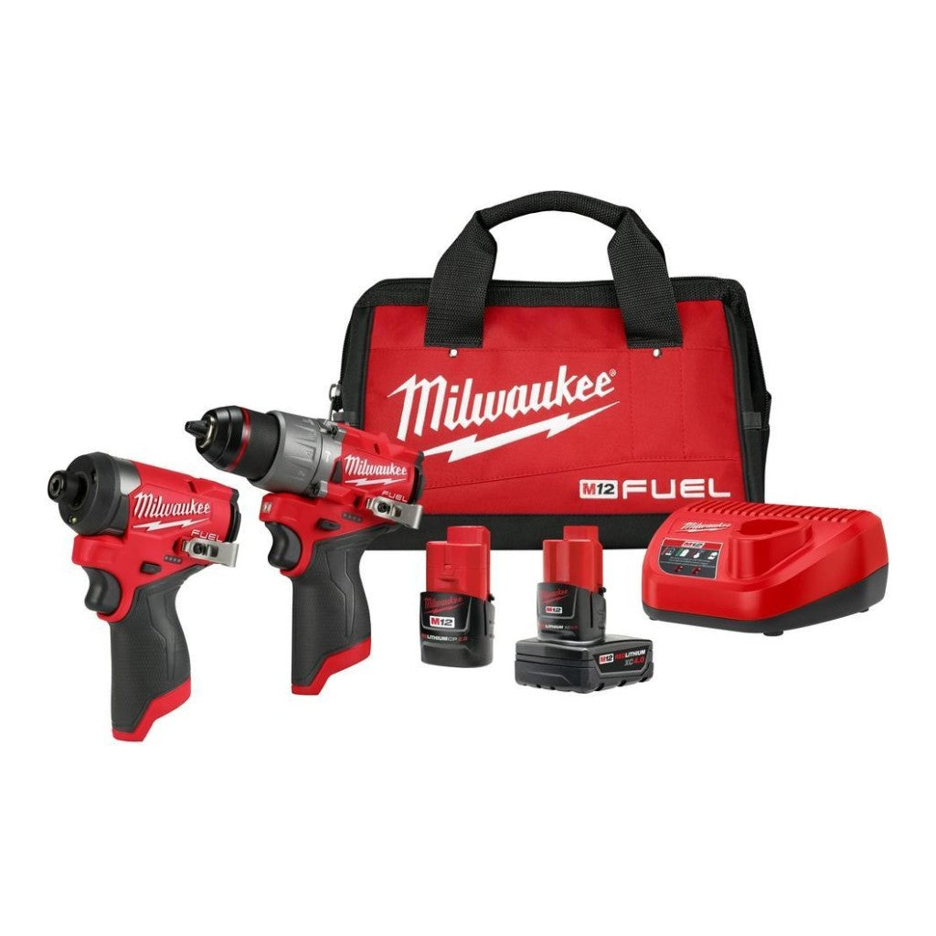 Milwaukee 349722 M12 FUEL 2-Tool Combo Kit, 1/2 in. Hammer Drill and 1/4 in. Impact Driver, 2 Batteries