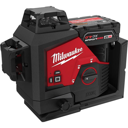 Milwaukee 3632-21 M12 360 deg Automatic Cordless Self Leveling 3-Plane Laser, 125 ft Measuring, +/- 1/8 in at 33 ft Accuracy, 12 V, M12 REDLITHIUM 4.0 XC Battery, Reinforced Nylon Housing