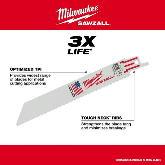 Milwaukee SAWZALL 48-00-5186 Double Duty Straight Back Thin Kerf Reciprocating Saw Blade, 6 in L x 3/4 in W, 24 TPI, Bi-Metal Body, Universal/Toothed Edge Tang