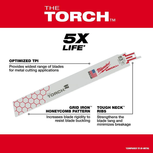 Milwaukee SAWZALL The Torch 48-00-5788 Demolition Straight Back Reciprocating Saw Blade, 9 in L x 1 in W, 18 TPI, Bi-Metal Body, Universal/Toothed Edge Tang
