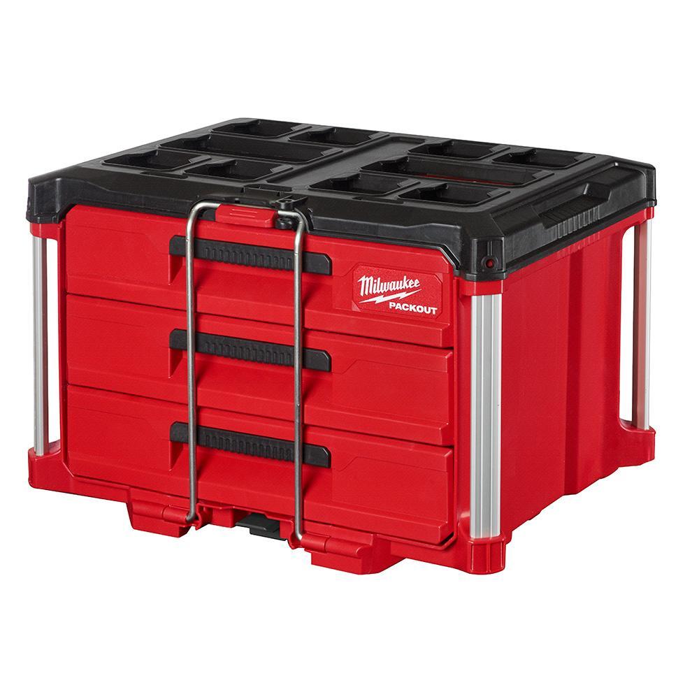Milwaukee 48228443 PACKOUT 3-Drawer Tool Box, 50 lb Capacity, Security Bar, All-Metal Ball-Bearing Slides