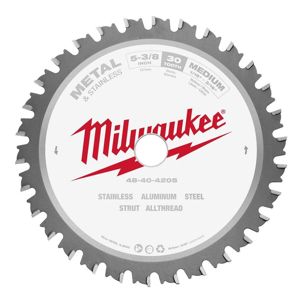 Milwaukee 48-40-4205 Laser-Cut Circular Saw Blade, 5-3/8 in Dia x 0.05 in THK, 5/8 in Arbor, 30 Teeth