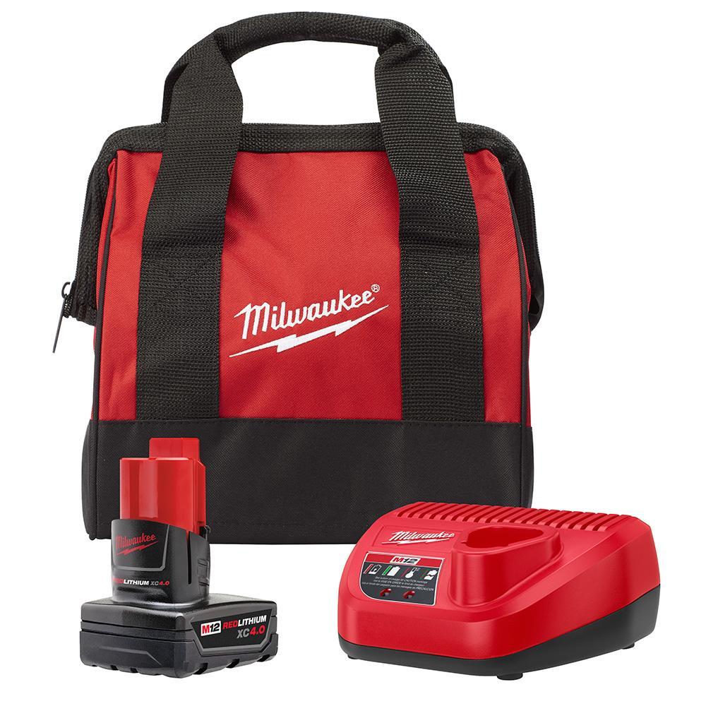 Milwaukee 48592440B M12 REDLITHIUM XC 4.0Ah Starter Kit, 12V, Battery, Charger, and Bag