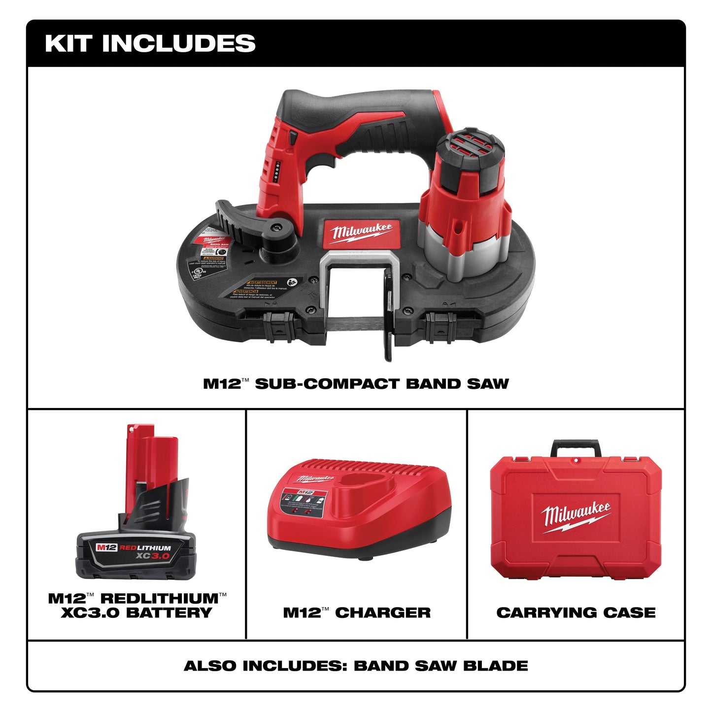 Milwaukee 2429-21XC Sub-Compact Cordless Band Saw Kit, 1-5/8 in Cutting, 27 in L x 0.5 in W x 0.02 in THK Blade, 12 VDC, 3 Ah Li-Ion Battery