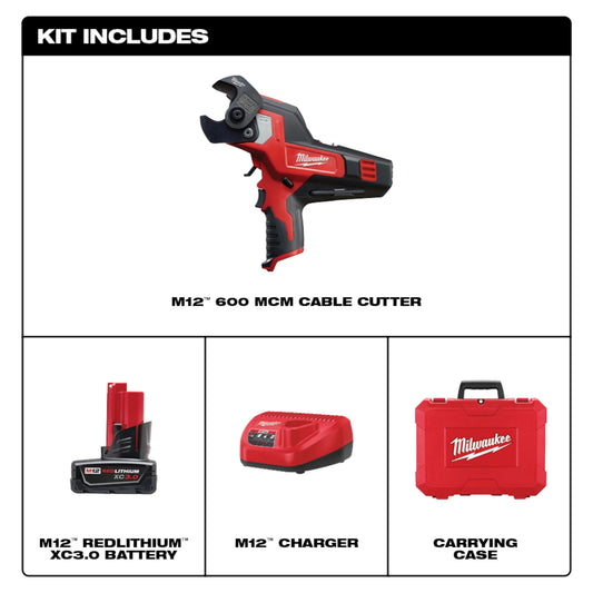 Milwaukee M12 REDLITHIUM 2472-21XC Cordless Cable Cutter Kit, 600 kcmil Copper, 750 kcmil Aluminum, 1-3/16 in Communication Cable Cutting, 12 VDC, 3 Ah Li-Ion Battery